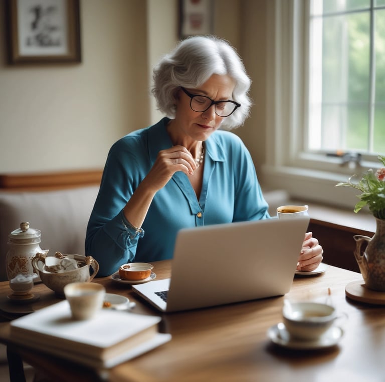 A cozy workspace with a laptop open to a blog page, surrounded by notes and a cup of coffee.