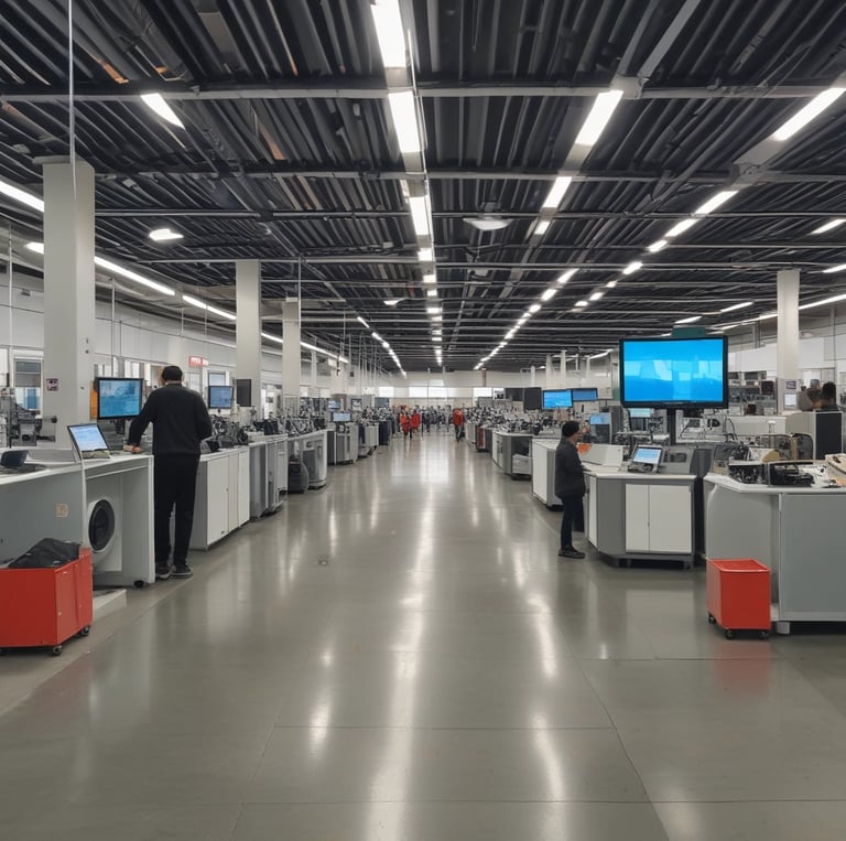 A modern electronics manufacturing facility featuring a large machine with a computer monitor attached. The machine is labeled NX-350 and appears to be part of a production line. There are tables and chairs lined up, with various equipment and components scattered across the surfaces. The setting is well-lit, and the environment is tidy and organized, with a visible air filtering system installed above.