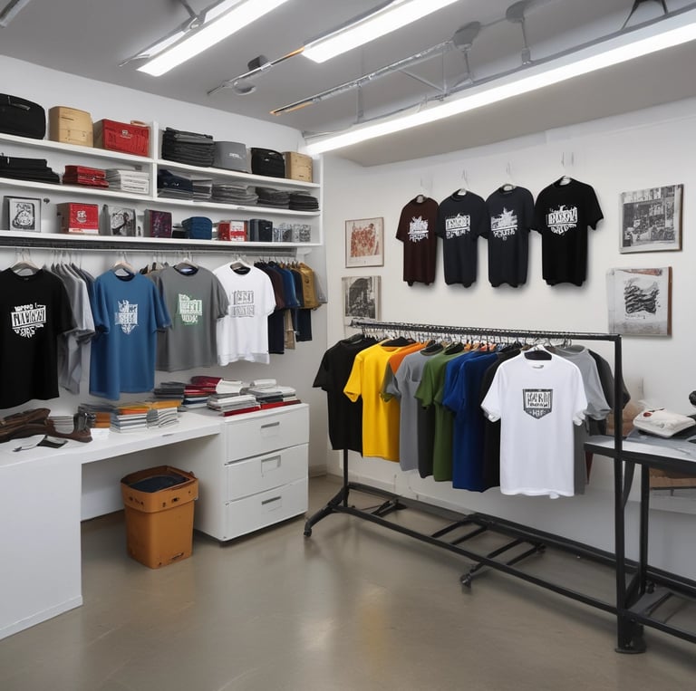 A variety of colorful t-shirts are displayed on wooden hangers under a white canopy. The t-shirts feature different graphics and designs, including one prominently displaying the Mickey Mouse logo. The setting appears to be an outdoor market or pop-up shop.
