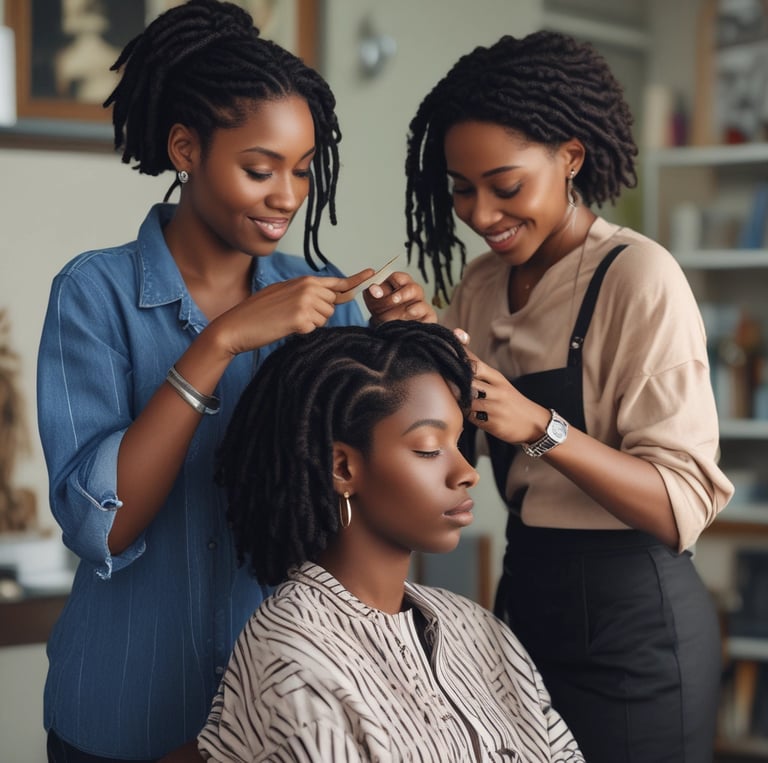 A serene salon environment with a stylist working on a client's locs.