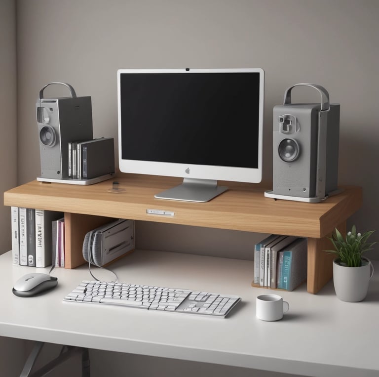 A spacious audio equipment showroom featuring a variety of high-end sound systems. Several tall speakers are aligned against the walls, displaying sleek wooden and metallic finishes. Electronics such as amplifiers and receivers are arranged on modern glass shelves, and a large, plush brown rug covers the floor. A sign on the left side suggests a focus on luxury electronics.