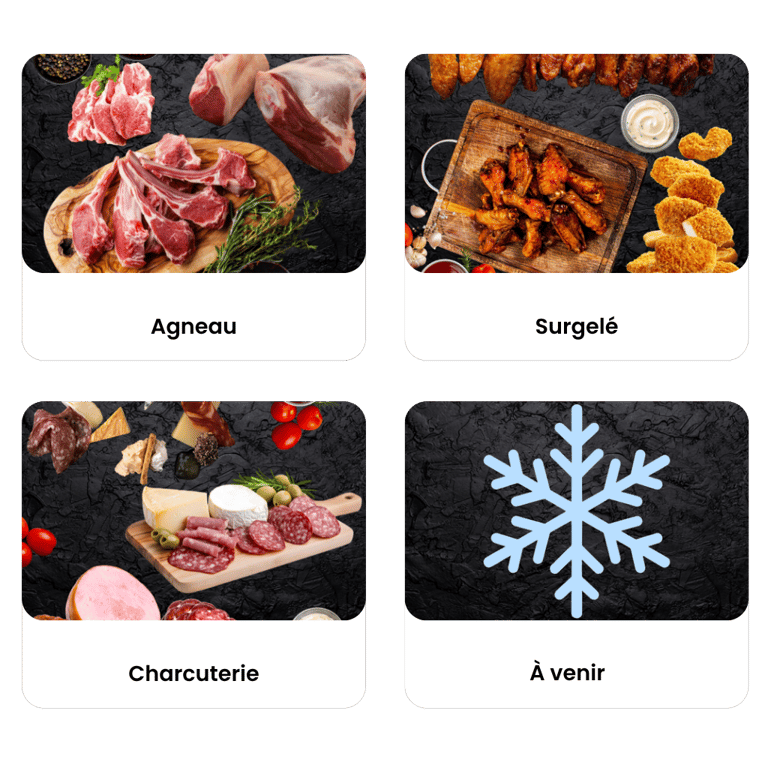 Catégories de la boucherie en ligne : agneau, produits surgelés, charcuterie halal, et catégorie à v
