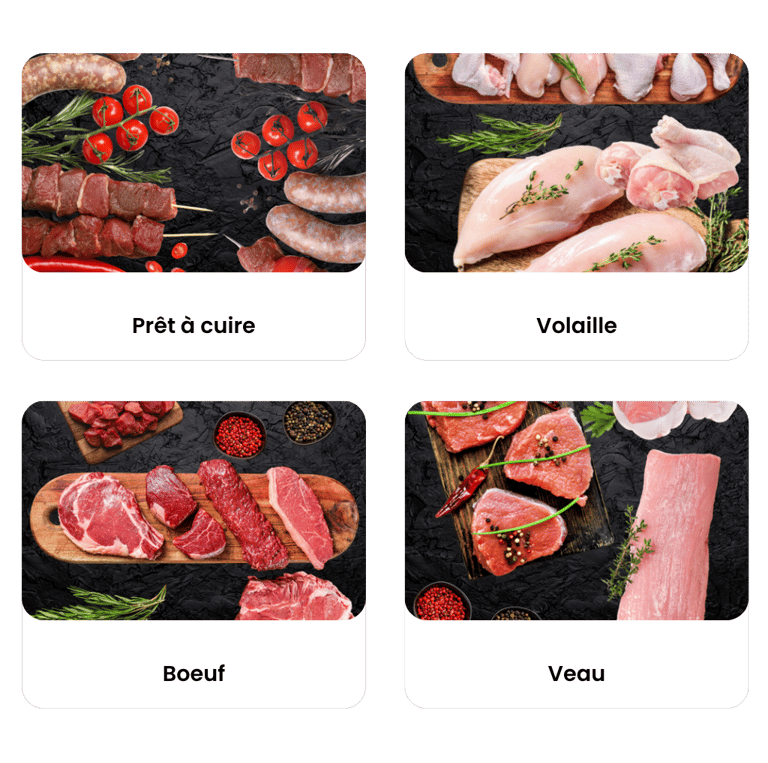 Catégories boucherie : prêt à cuire, volaille, bœuf et veau – sélection de viandes fraîches en vente