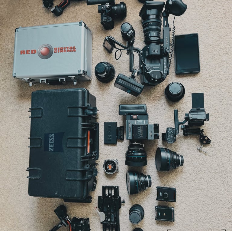 a bunch of cameras and cameras on a carpet