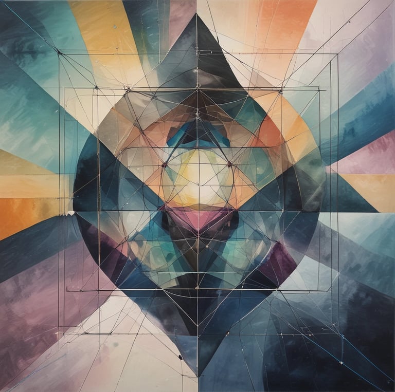 An evocative abstract painting blending vibrant colors and spiritual motifs, hinting at the upcoming exhibition.