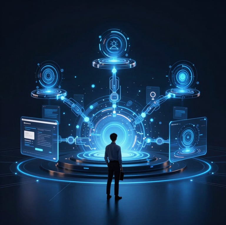 Futuristic and elegant visual showing the Flowbit logo at the center surrounded by five connected elements representing innovation, commitment, transparency, quality, and personalized attention in blue, black, and white tones.