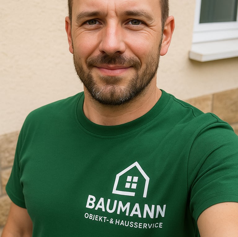 Mitarbeiter von Baumann Objekt- & Hausservice mit grünem T Shirt und Logo drauf.
