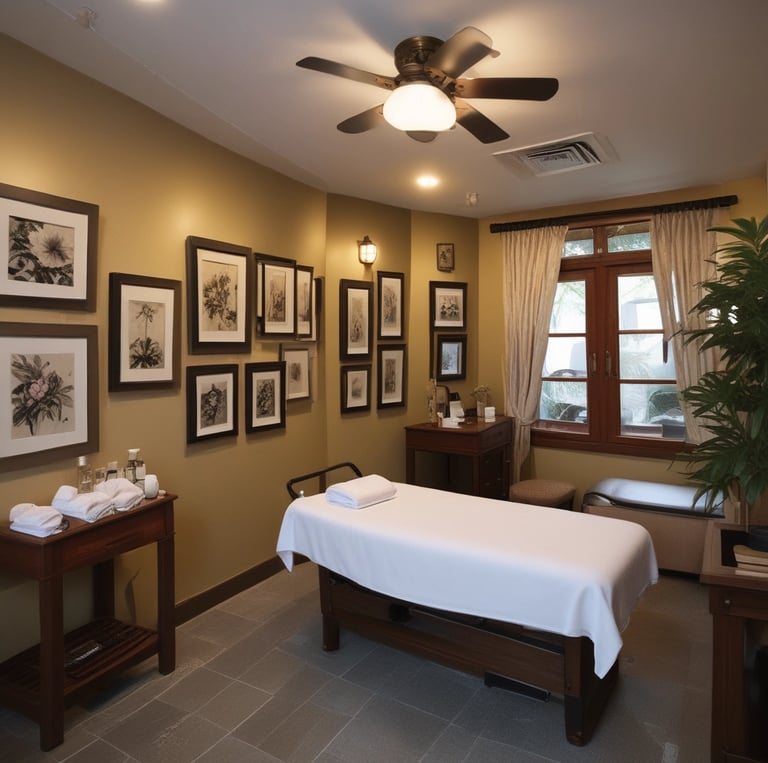 A peaceful massage therapy room with calming colors and ambiance.