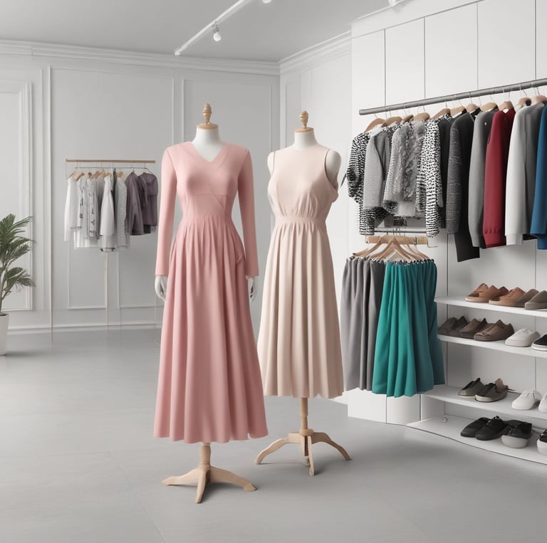 A stylish boutique interior showcasing elegant clothing racks and modern decor.