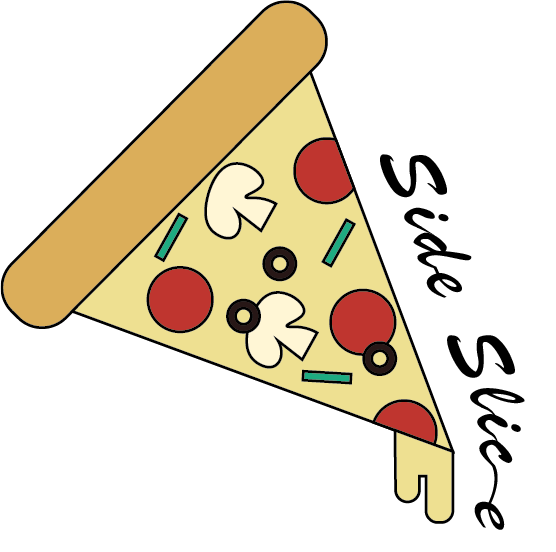 Side Slice logo featuring a slice of pizza with various toppings. Slanted vertical text next to the pizza reads “Side Slice."