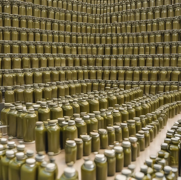 Close-up of golden olive oil pouring from a rustic bottle into a ceramic dish, surrounded by fresh olives and leaves.