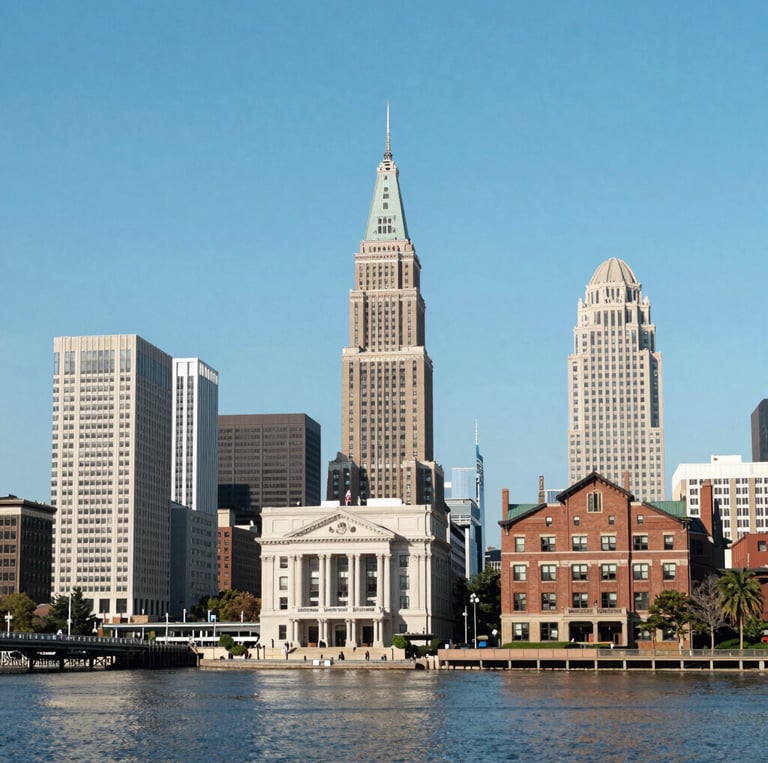 A modern multi-story office building with a distinctive wavy architectural design. The facade is made predominantly of glass and metal, with an array of vertical and horizontal lines creating a grid-like pattern. There are signs for 'National Insurance' and 'Parking 24x7' visible in multiple languages. The structure appears robust and industrial.