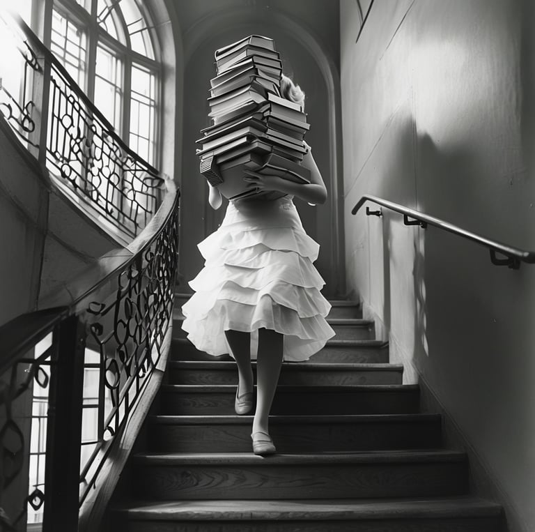 a woman carrying a large volume of bookkeeping ledgers