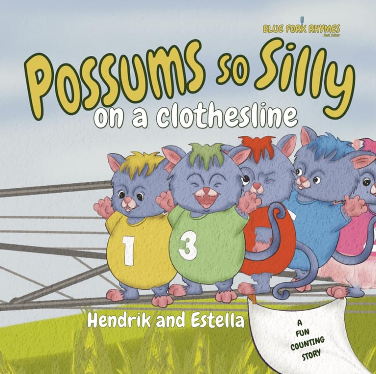 Children's book cover for Possums so Silly featuring colorful cartoon possums on a clothesline.