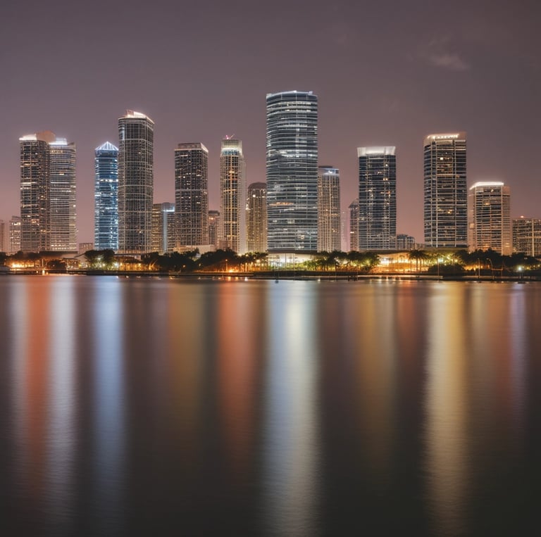 A sleek, dark-toned image of a city skyline at night with subtle glass reflections and silver accents.