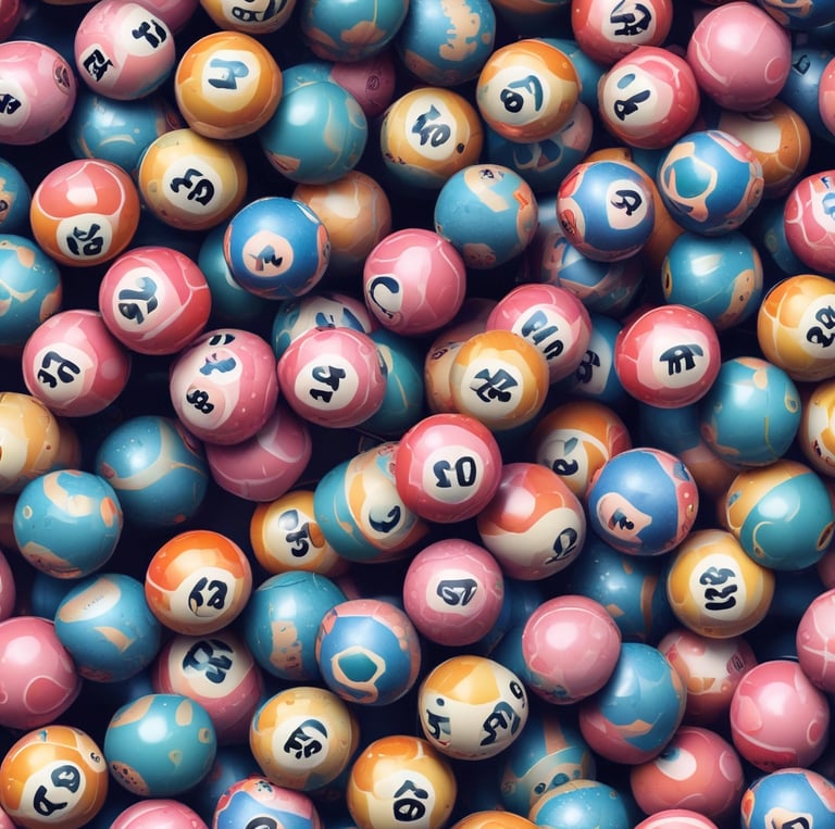 Three lottery tickets are displayed, including Eurojackpot and Super 6. Various numbers are marked on the tickets, with some crossed out and others checked. The Eurojackpot ticket is partially visible with the logo prominently displayed, and a ticket number is visible on one of the tickets.