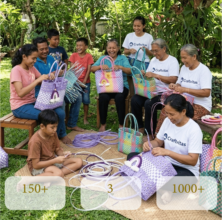 Pengrajin lokal Craftvitas Indonesia membuat tas anyaman jali-jali handmade dari plastik daur ulang