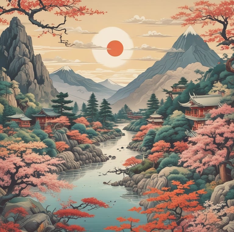 A serene landscape depicting a samurai practicing martial arts.