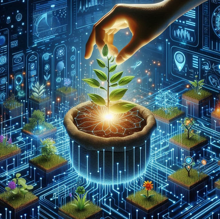Staking platform. a person's hand is holding a plant growing in a crypto ecosystem