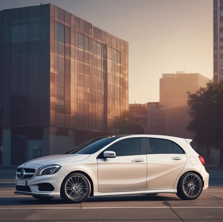 A sleek black car being carefully inspected in a bright German garage with bronze accents.