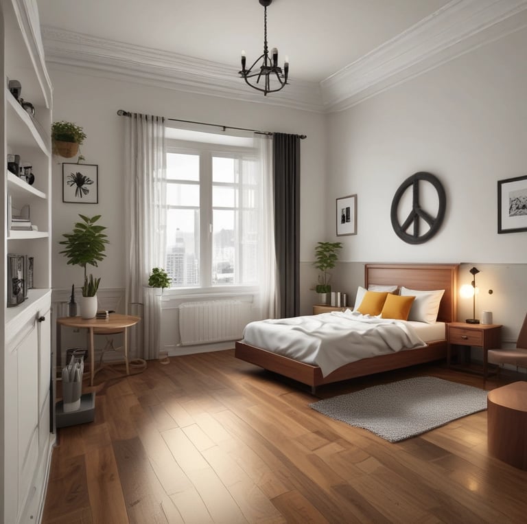 A hostel room with bunk beds and simple furniture. The room features two sets of bunk beds with white frames and dark bedding. There is a wardrobe made of wood and a flat-screen television mounted on the wall. A small table holds cups and a water bottle, and the walls are decorated with tiles and curtains, creating a warm, welcoming space.