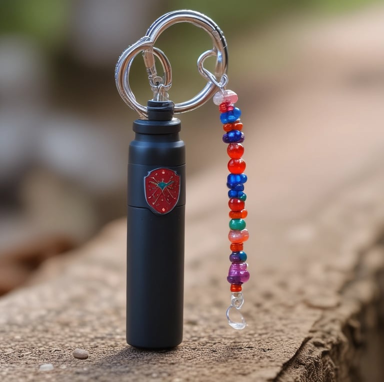 A collection of colorful keychains and accessories displayed on a wooden surface.