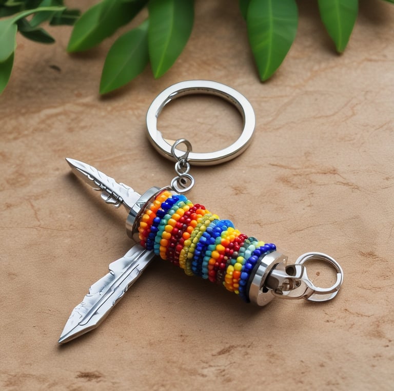 A colorful display of various creative keychains hanging on a wooden rack.