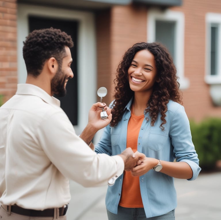 A smiling homeowner joyfully handing over keys to a property manager.