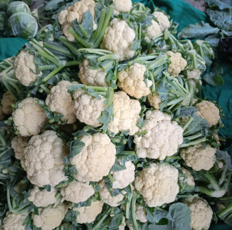 A pile of fresh organic cauliflower heads with green leaves at a local farmers market.