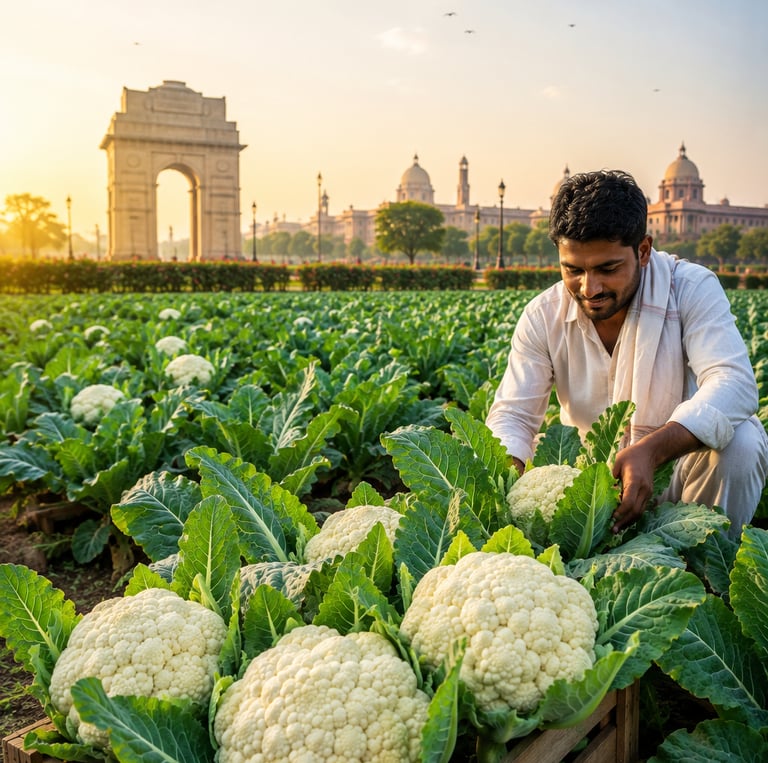 An Indian farmer harvesting fresh white cauliflower in a field near the India Gate in New Delhi.