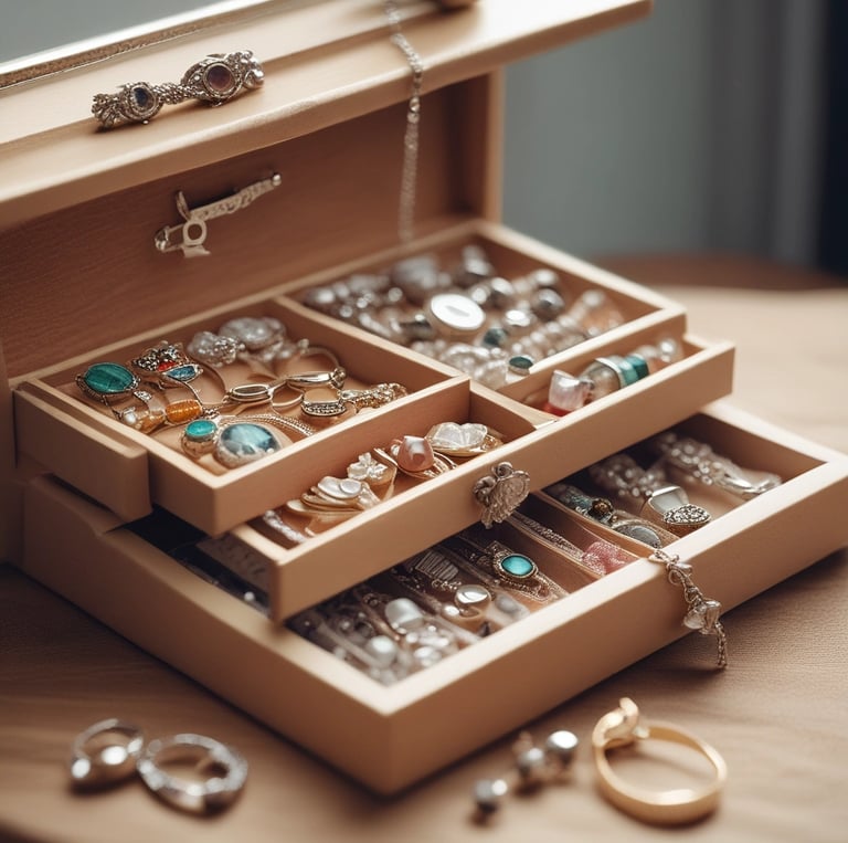 a display case with a variety of rings in it