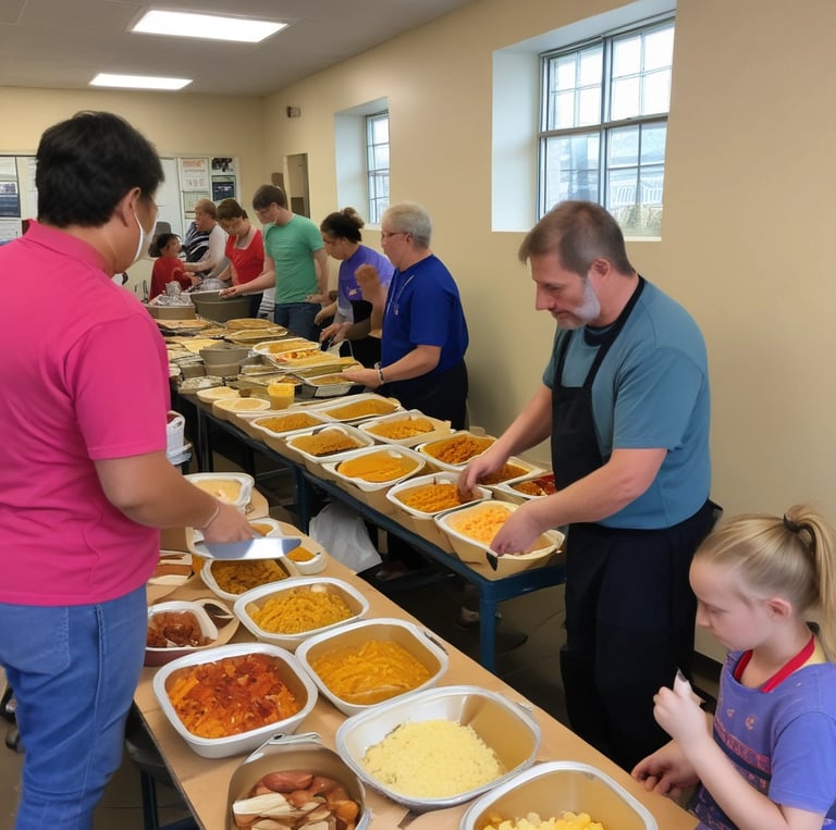 A diverse group of volunteers working together to serve meals at a community kitchen.