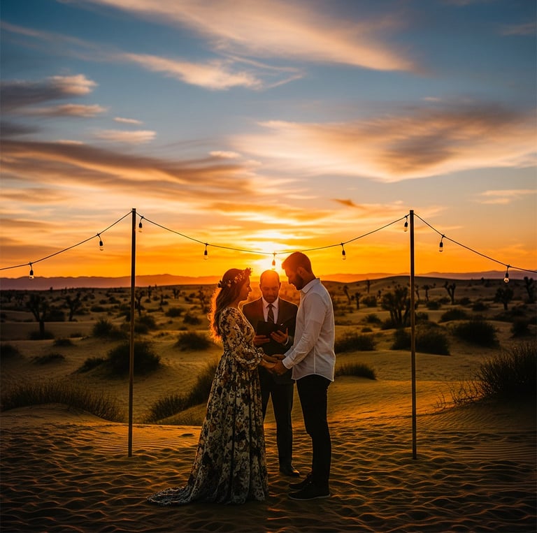 a couple standing in the desert at sunset