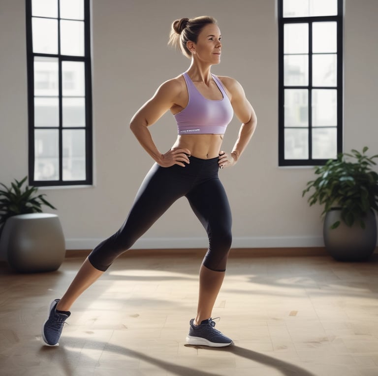 A joyful middle-aged woman stretching outdoors in a sunny park.