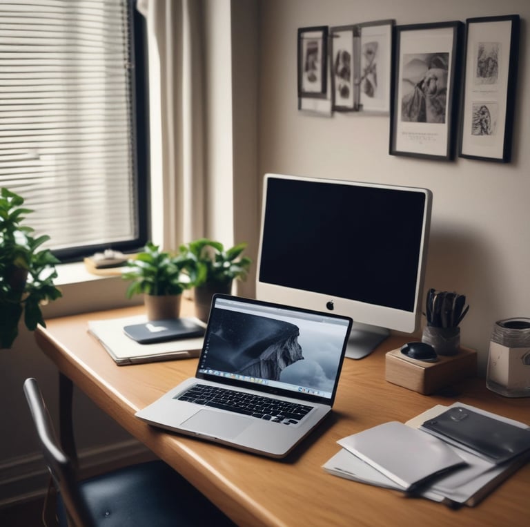 a laptop computer sitting on a desk with a laptop