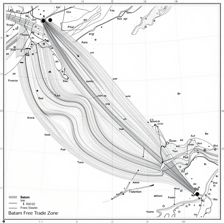 A high-resolution technical maritime chart showing shipping lanes around Batam Free Trade Zone, clean slate-grey lines on white background, precise coordinates, neutral daylight.