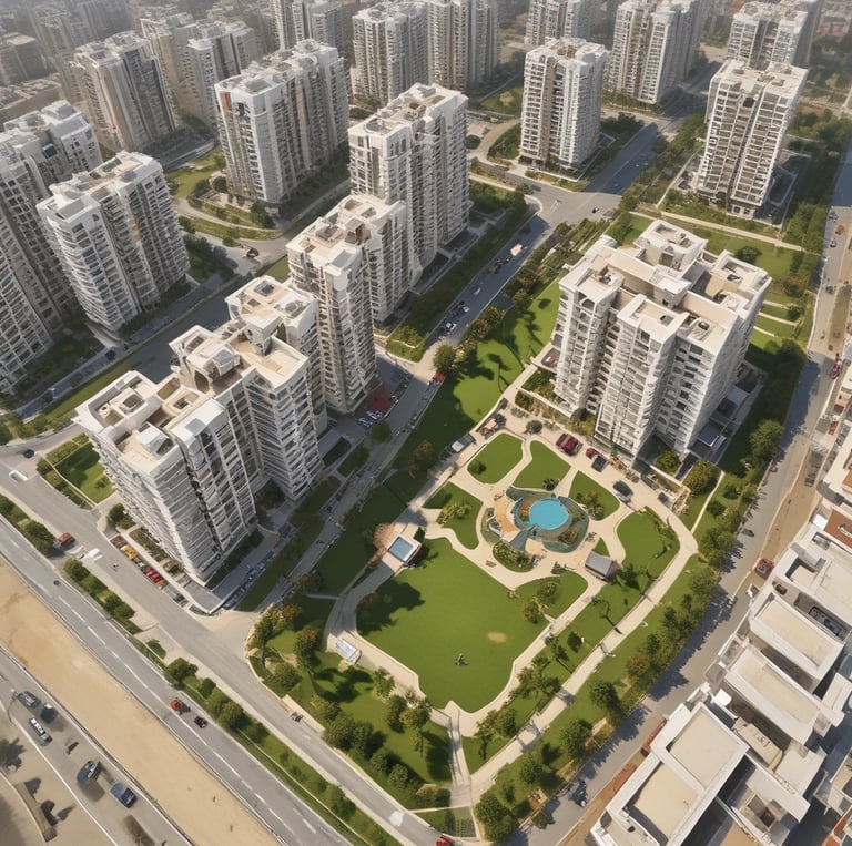 Aerial view of 14th Avenue project showcasing the master plan with green spaces and residential buildings.