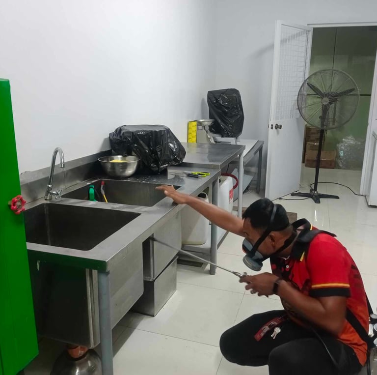 Jansen pest control technician in a respirator spraying a commercial kitchen sink area for insects.