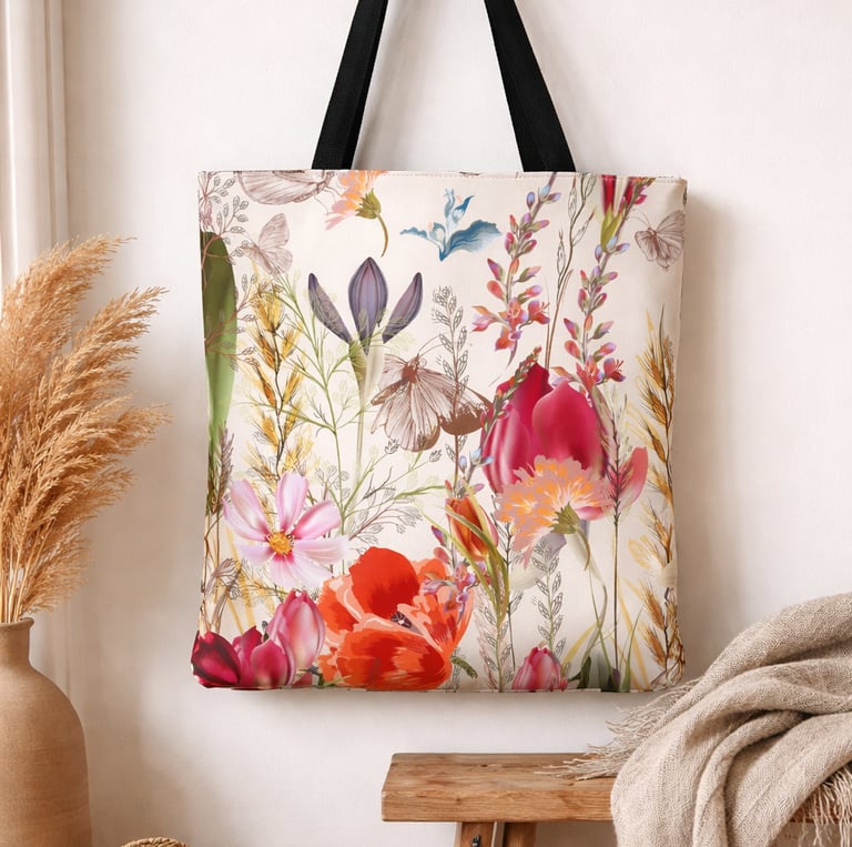 Canvas tote bag with a vintage botanical floral print hanging in a rustic boho room.