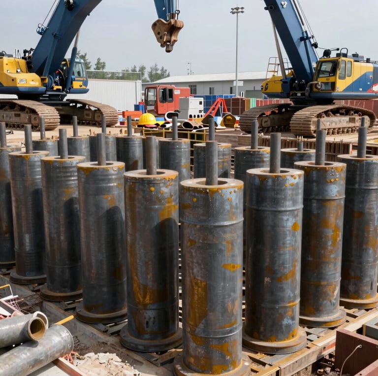 High-resolution image of steel foundation beams being installed at a construction site, showcasing precision engineering.