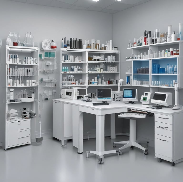 Elegant medical equipment displayed in a luxurious setting with classic blue, pink, and light blue accents.