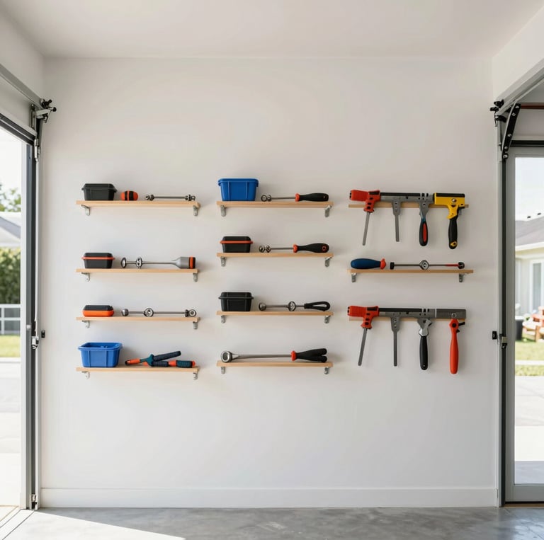 Organized garage workshop with various hand tools and storage bins on wooden wall-mounted shelves.