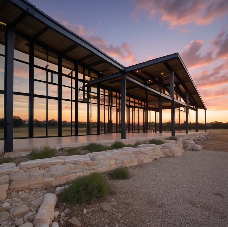 Modern steel-frame barndominium in Kendall County Texas Hill Country at sunset