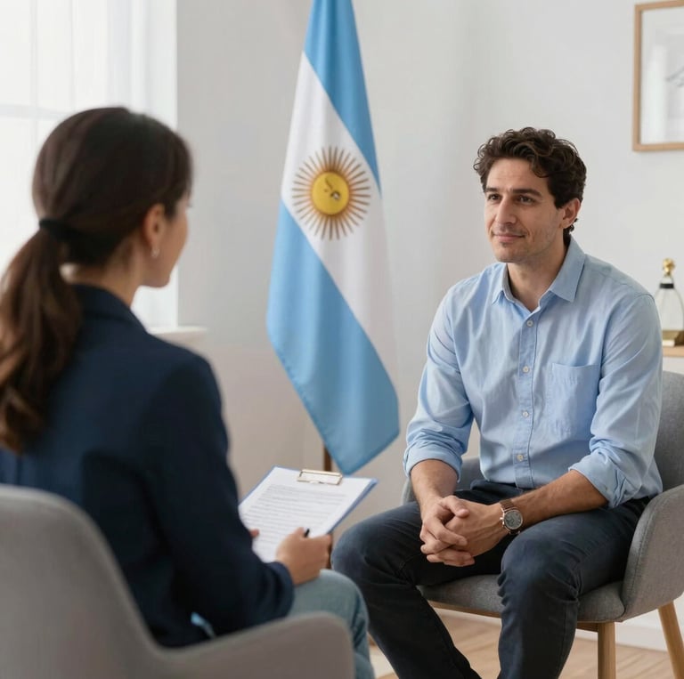 Argentinian psychologist attentively listening to a patient in a cozy office setting.