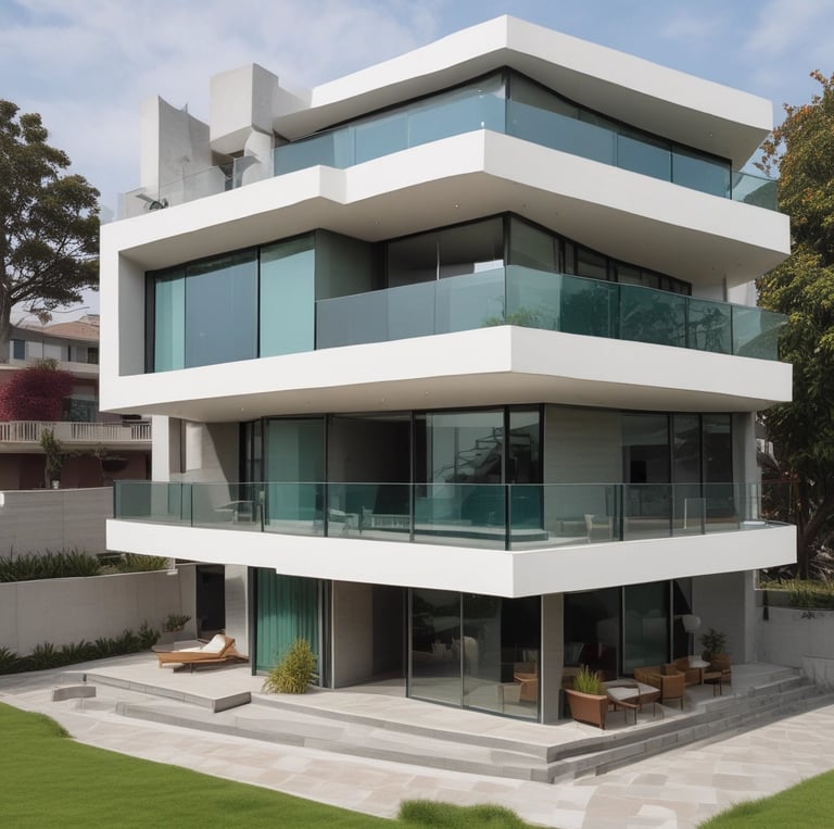 Elegant modern residential building exterior in Lima during golden hour.
