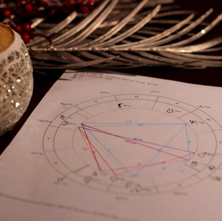 A printed birth chart for astrology reading next to a glowing candle holder and silver leaf.