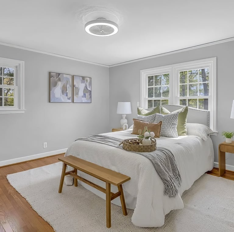 primary bedroom in ranch in mauldin staged by staging house