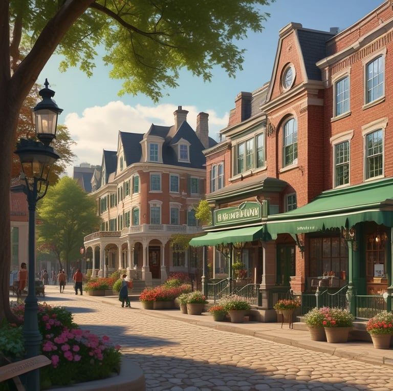 A group of people walking down a street next to tall buildings