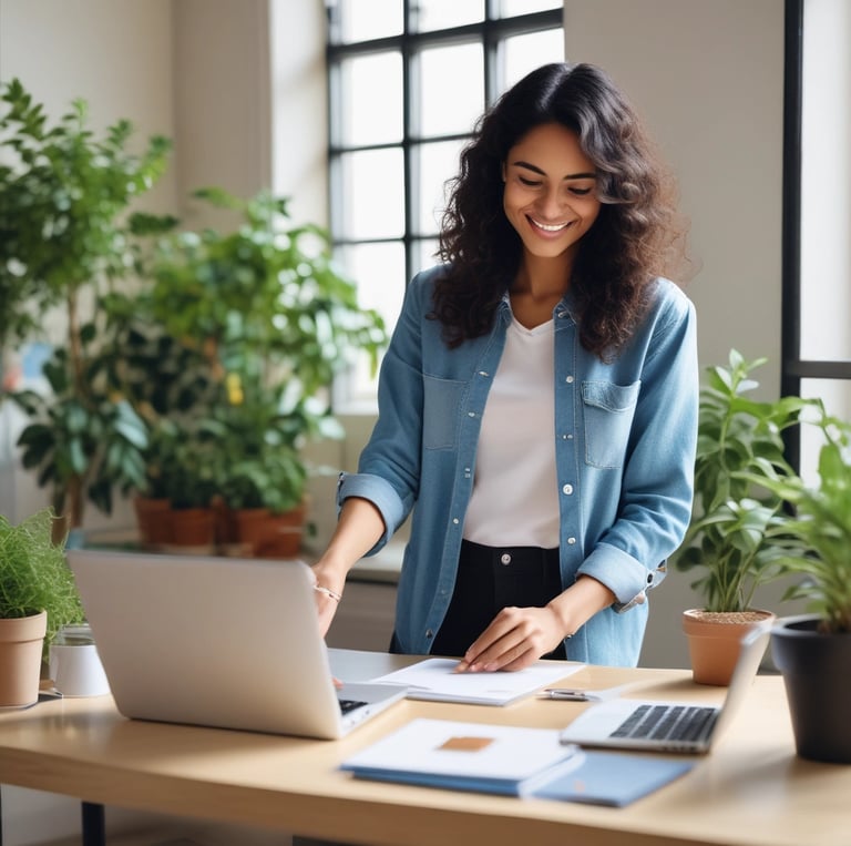 A tired, cluttered workspace gradually transforms into a calm, organized office bathed in soft blue light.