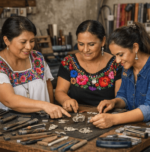 Tres mujeres hispanas con blusas bordadas elaboran joyas de plata artesanales en un taller tradicion